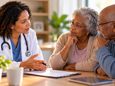 Doctor talking to couple